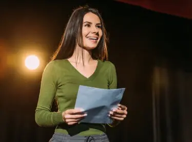 Actress slating her name before a commercial audition.