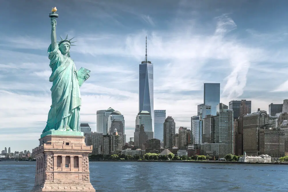 New York City skyline complete with the statue of Liberty in the front.