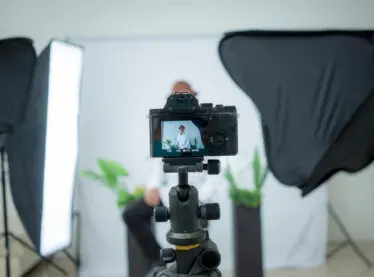 Actor recording a self tape in a professional studio.