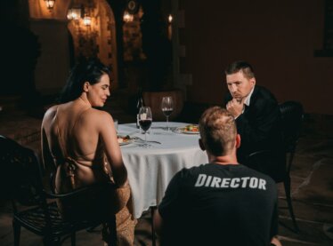 Two actors and a director going over a finished commercial shoot. This was very different from an audition.