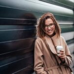 Stylish young woman with a cup of coffee by a grate.